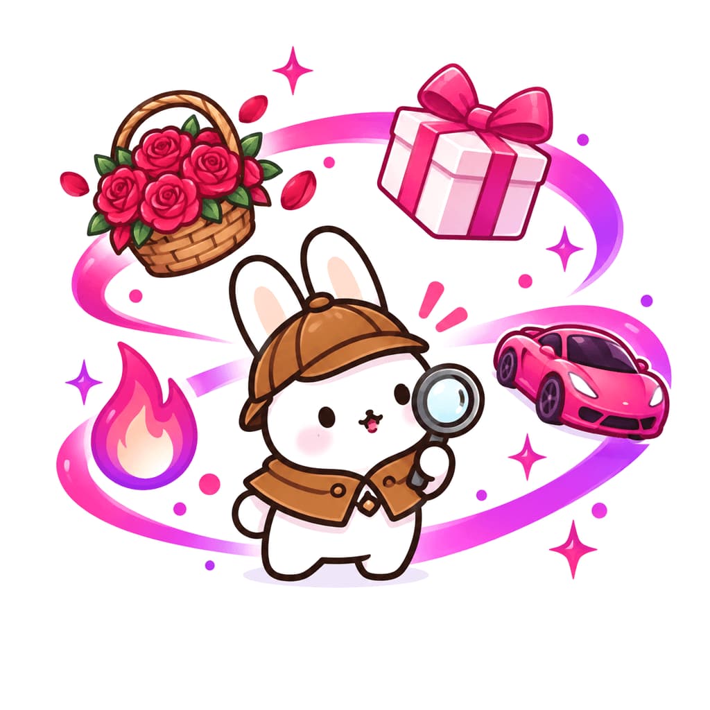 The Bunny Metrics detective bunny inspecting gifts through a magnifying glass